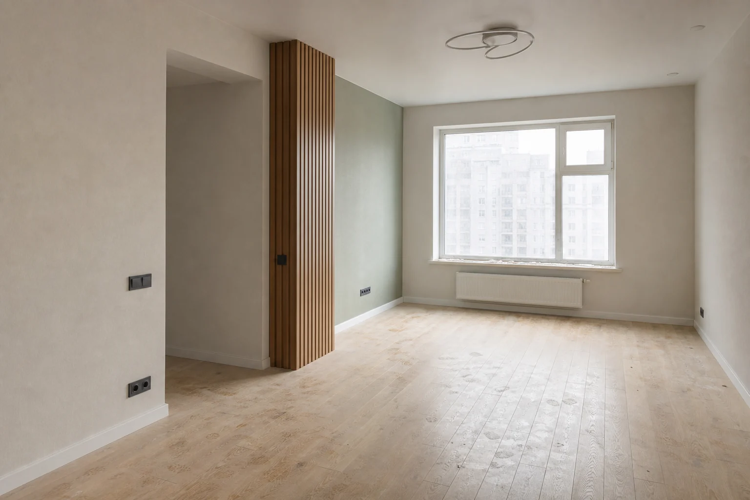 The same apartment with construction dust before cleaning