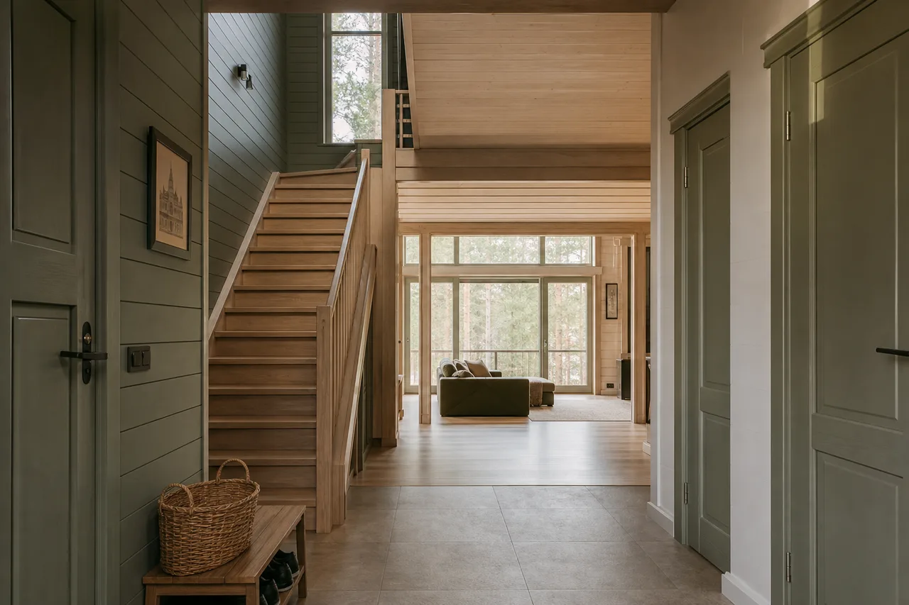 Clean entry area of a single-family home with a wooden staircase